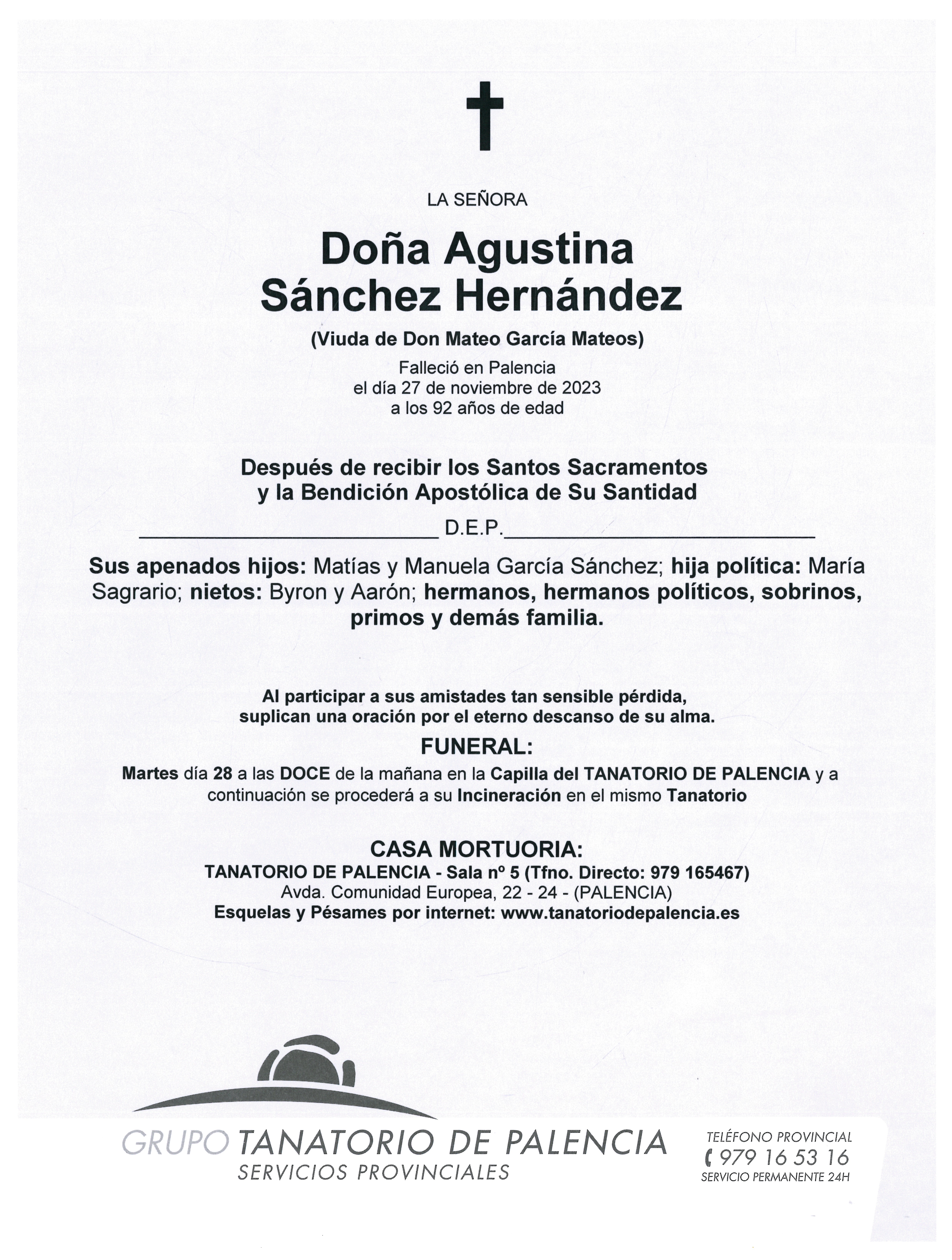 LA SEÑORA DOÑA AGUSTINA SÁNCHEZ HERNÁNDEZ